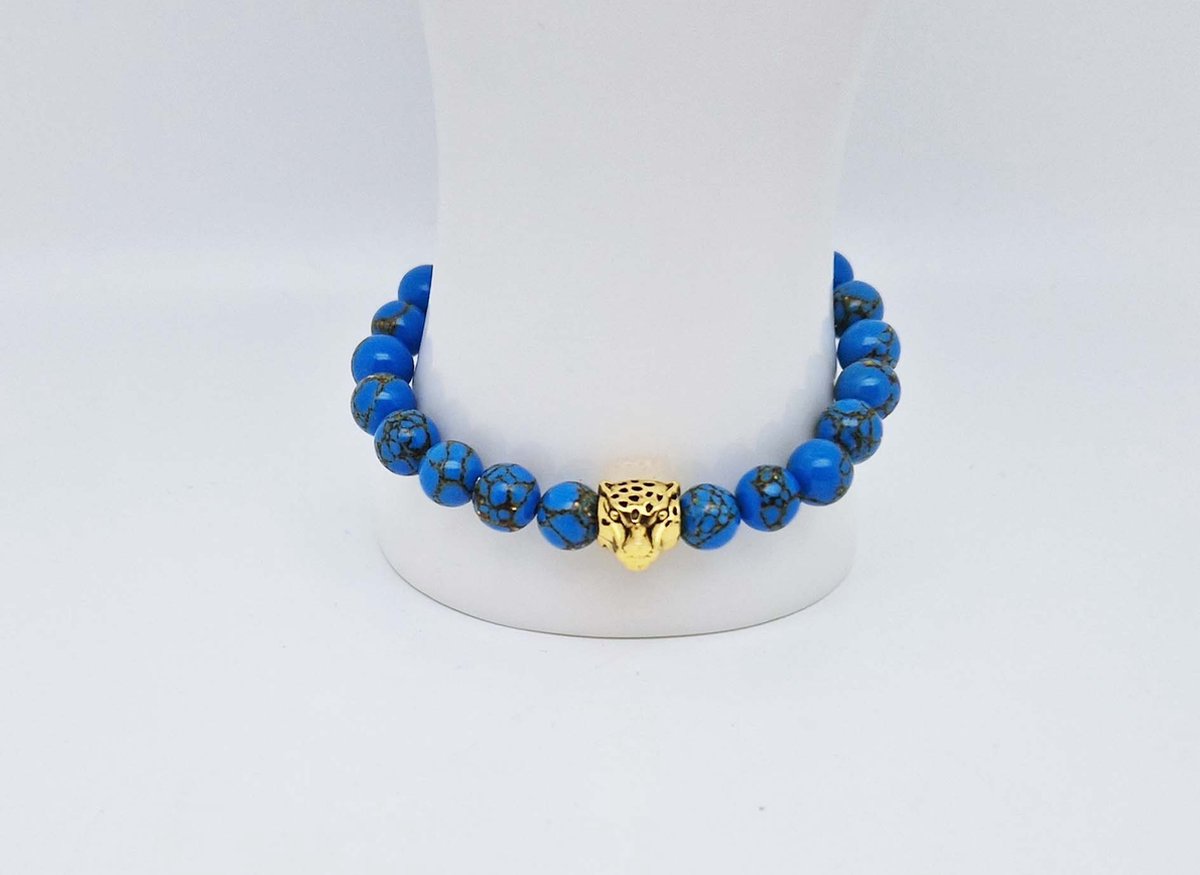Handgemaakte natuursteen armband met Metalen vorm - Model 2 - "Blauw howliet gesponnen goud" -8 mm diameter van de korrel- Diameter armband 20 cm - Een mooi cadeau voor familie en vrienden