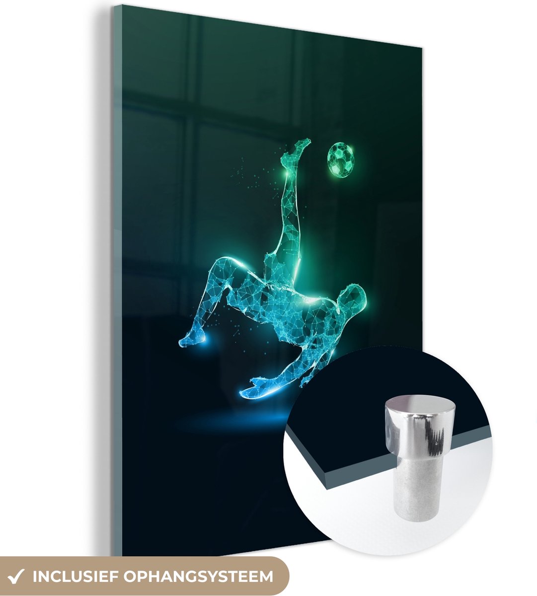 MuchoWow® Glasschilderij 120x160 cm - Schilderij acrylglas - Voetbal - Voetballer - Jongen - Zwart - Foto op glas - Muurdecoratie woonkamer - Wanddecoratie slaapkamer - Schilderijen