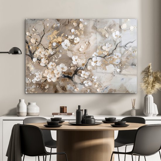 MuchoWow® Tableau sur verre 120x80 cm - Tableau sur verre acrylique - Fleurs - Wit - Or - Beige - Luxe - Photo sur verre - Décoration murale salon - Décoration murale chambre - Peintures