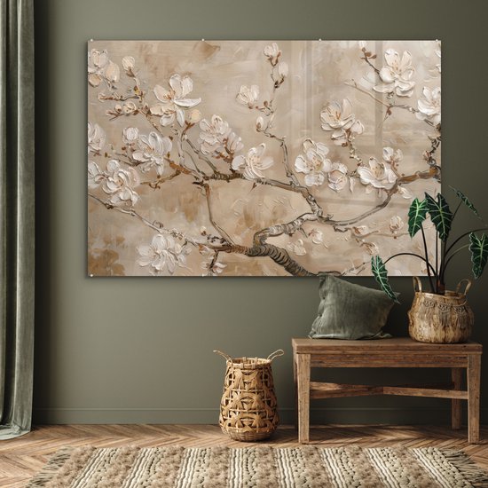 MuchoWow® Tableau sur verre 150x100 cm - Tableau sur verre acrylique - Fleurs - Moderne - Beige - Wit - Blossom - Photo sur verre - Décoration murale salon - Décoration murale chambre - Peintures
