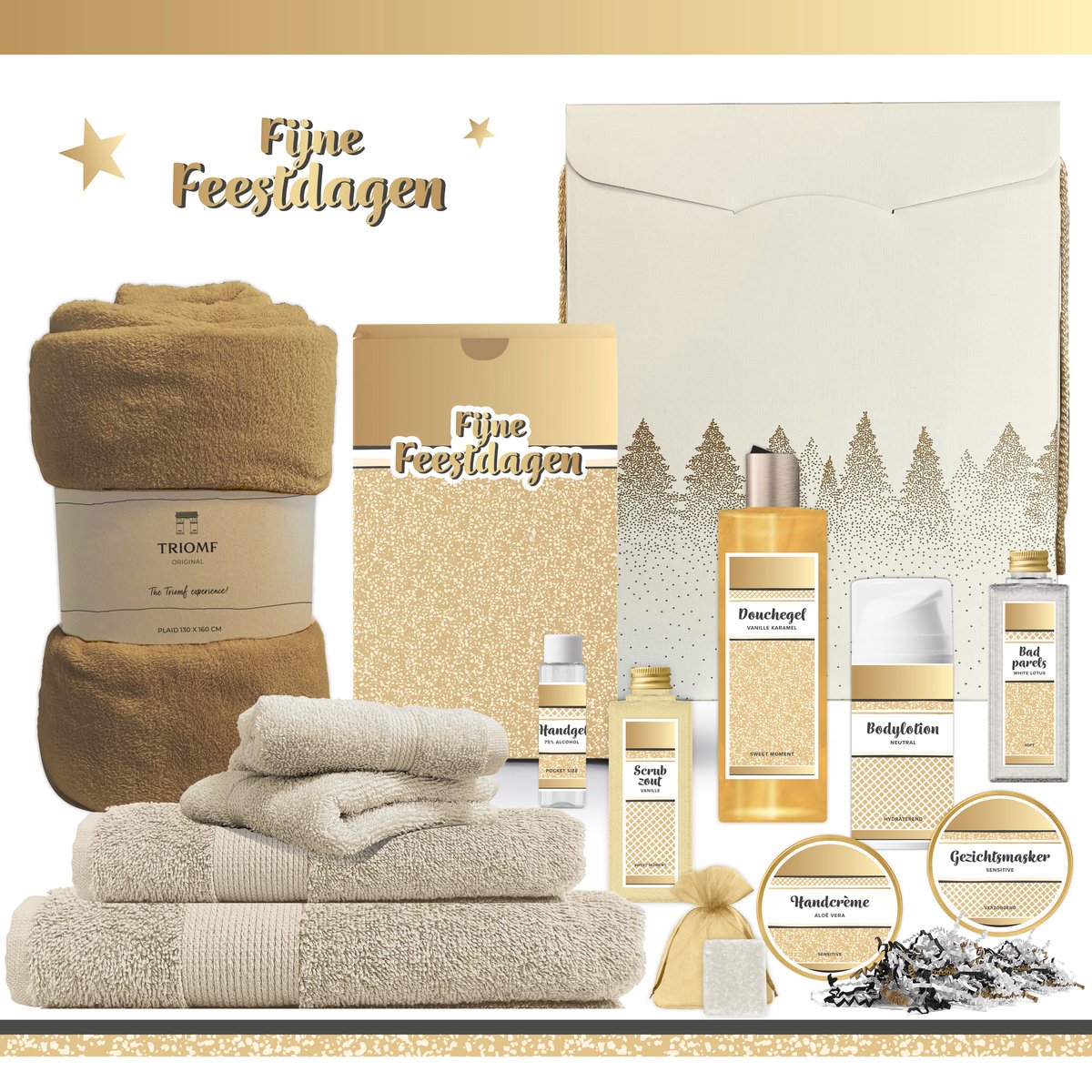 Goedkoopste Geschenkset “Fijne Feestdagen!” - 13 producten - 1905 gram | Luxe Kerst Cadeaubox voor haar - Wellness Pakket Vrouw - Giftset Merry Christmas - Cadeaupakket Kerstcadeau - Geschenk Kerstpakket Werknemer Cadeau Bedrijf Relatiegeschenk - Gift Wit Goud