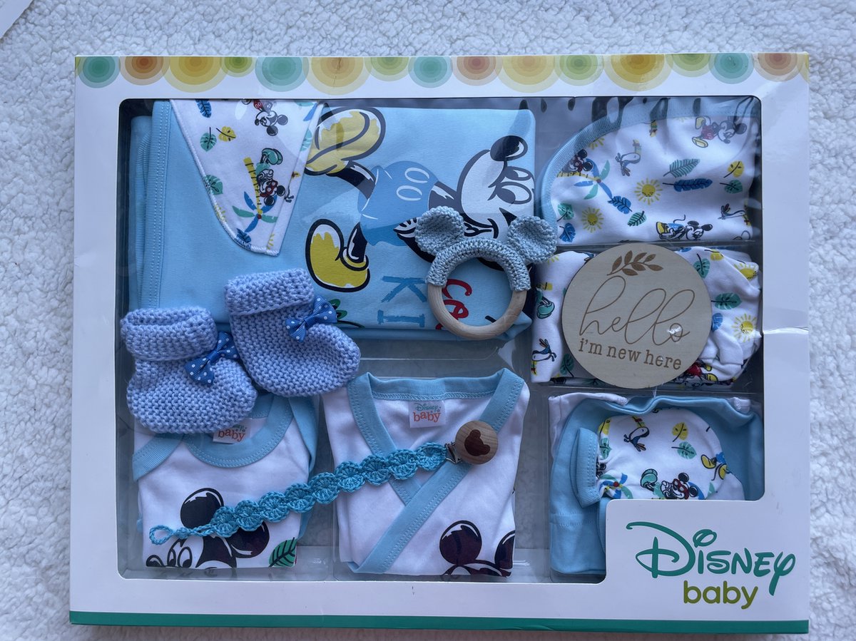 Goedkoopste Maminobaby.nl - Baby Geschenkset | Mickey mouse newborn kledingset jongens - Handmade bijtring | Handmade speenkoord | Kraamcadeau | Babyshower