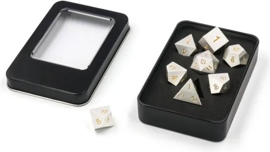 Les arts et les dés de Vera | Set de Dés en métal pour les RPG tels que Dungeons and Dragons | 7 pièces par ensemble | Argent Sunlight | Métal Wit brillant fini avec chiffres jaunes | Avec sac à dés