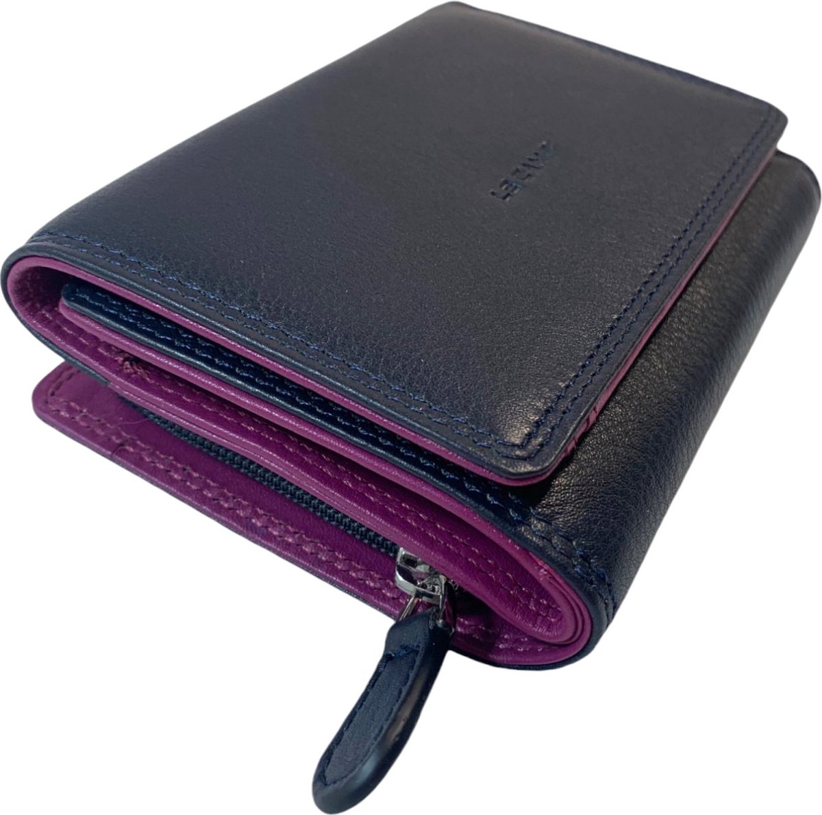 Dames portemonnee van zacht leer | portefeuille | Tweekleurige combinatie | Praktische elegantie | Veilig en stijlvol | Marine blauw/Cyclamen - Fuchsia/Paars - Masai oranje/Donker bruin - Geel/Donker bruin - Cyclamen/Marine blauw