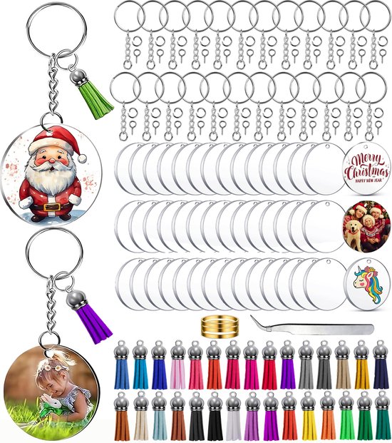 200-Delig DIY Sleutelhangers Maken Knutselpakket met Sleutelringen, Kwastjes en Blanco Transparant Plastic Plexiglas - Foto/Sleutellabels Personaliseren voor Volwassenen - Knutselen Meisjes, Jongen Sieraden Hobby - Leeg Acryl Plaat Keychain Graveren