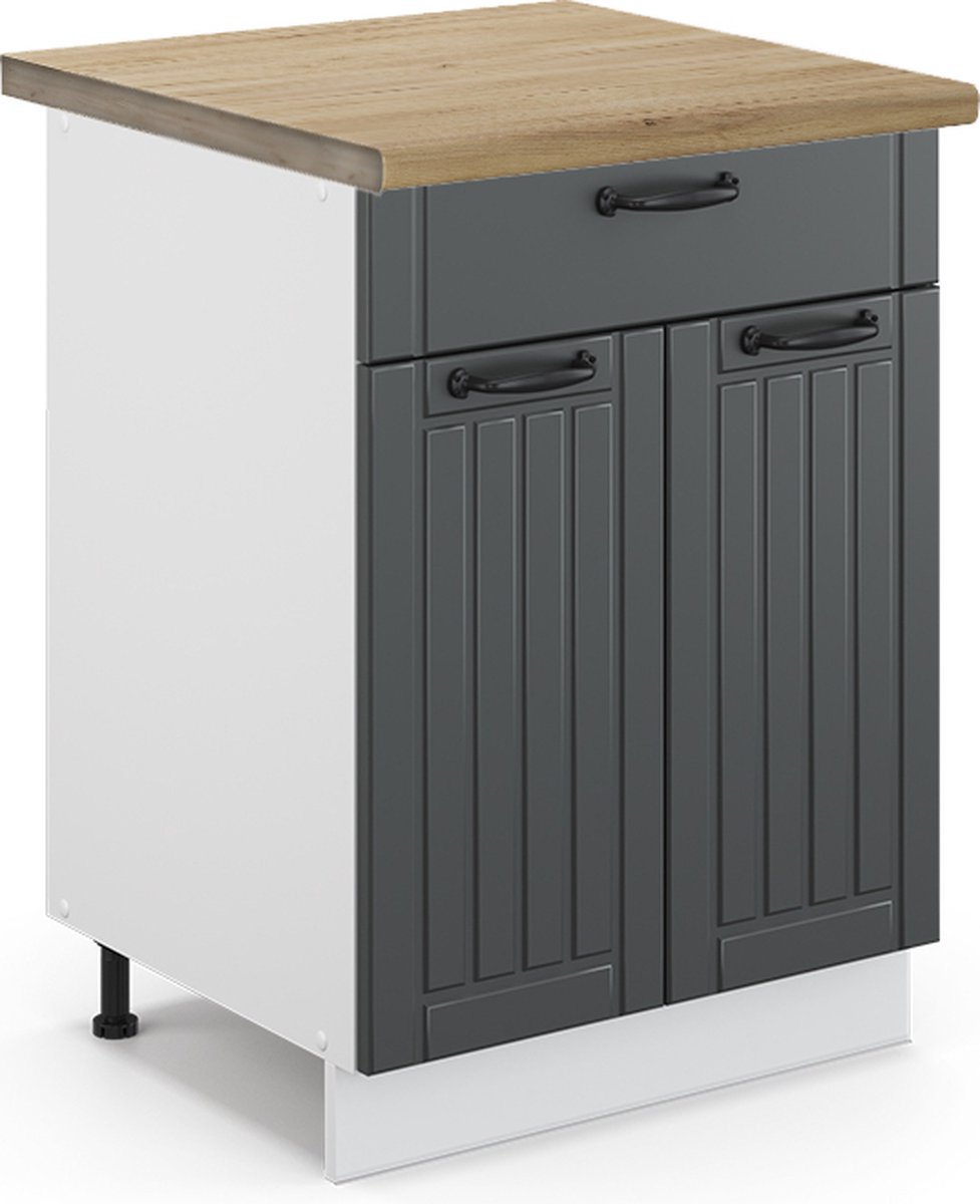 Vicco Fame-Line Keukenonderkast – 60 cm met lade, WB Eik Antraciet landhuis Donkergrijs/Wit