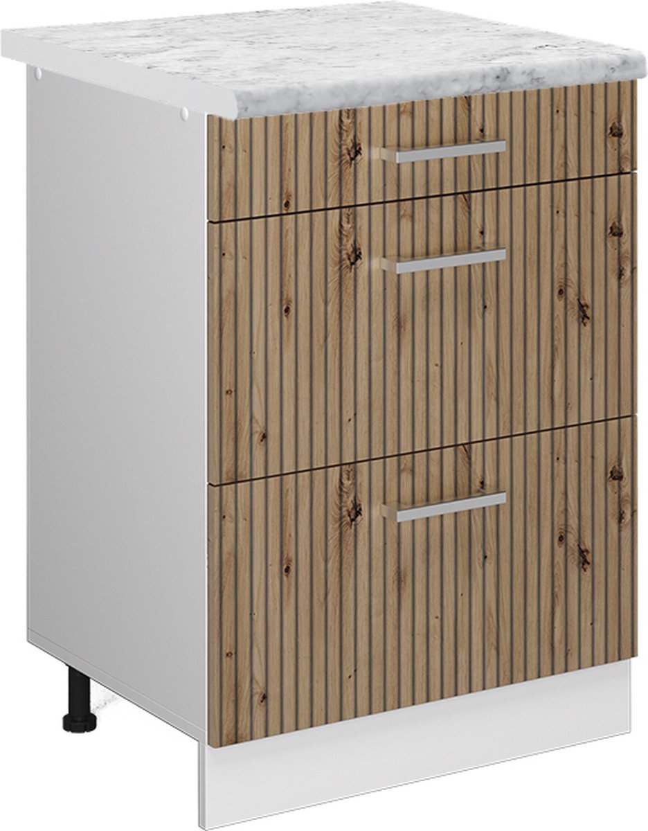 Vicco R-Line Keukenonderkast – 60 cm met laden, met marmeren werkblad Artisanaal eiken