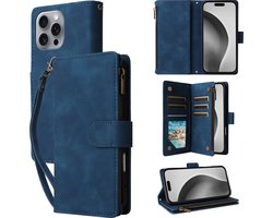 Luxe Telefoonhoesje geschikt voor Apple iPhone 16 Pro Max | Hoogwaardig Leren Bookcase | Lederen Wallet Case | Luxe Uitstraling | Pasjeshouder 6 stuks | Blauw