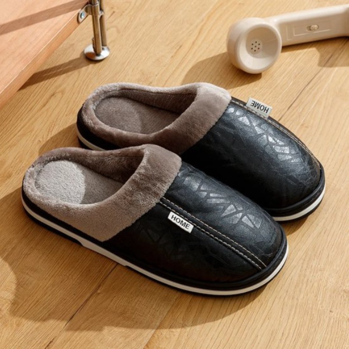 Grote Maat Heren Slippers Waterdichte PU Leren Huisschoenen met Luxe Bontvoering Perfect voor Binnengebruik Warme en Comfortabele Winter Slippers )