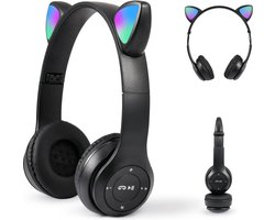 StayPowered Kinderhoofdtelefoon - Perfect voor Muziek en Gaming - LED Kattenoren - Draadloos - Verstelbaar en Opvouwbaar - Zachte Oorkussens - Ingebouwde Microfoon - Geschikt voor Kinderen - Zwart - Levering Sneller dan Aangegeven!