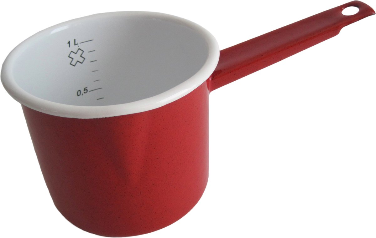 Emaille steelpan met maataanduiding en schenktuitje -  Ø 12 cm - 1 liter -  rood gespikkeld