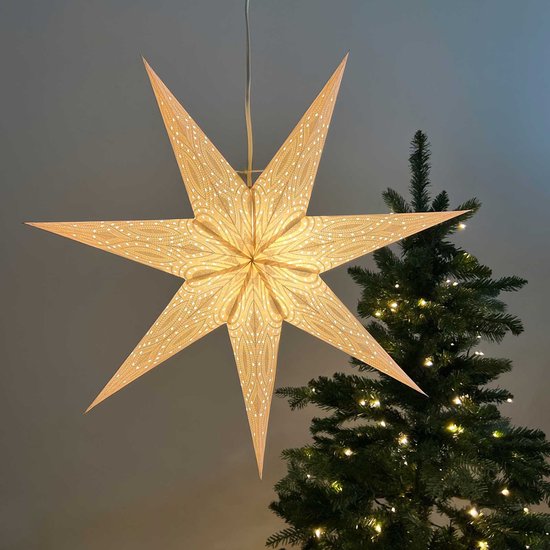 Kerstster papier met verlichting - 60 cm diameter, 24 cm diep - Kerst ster voor binnen - Nova Wit/Zilver Glitter - FSC papier - Incl. 3 m. snoer met stekker, schakelaar en E14-fitting - Kerst Raam decoratie - Kerstversiering - Kerstverlichting