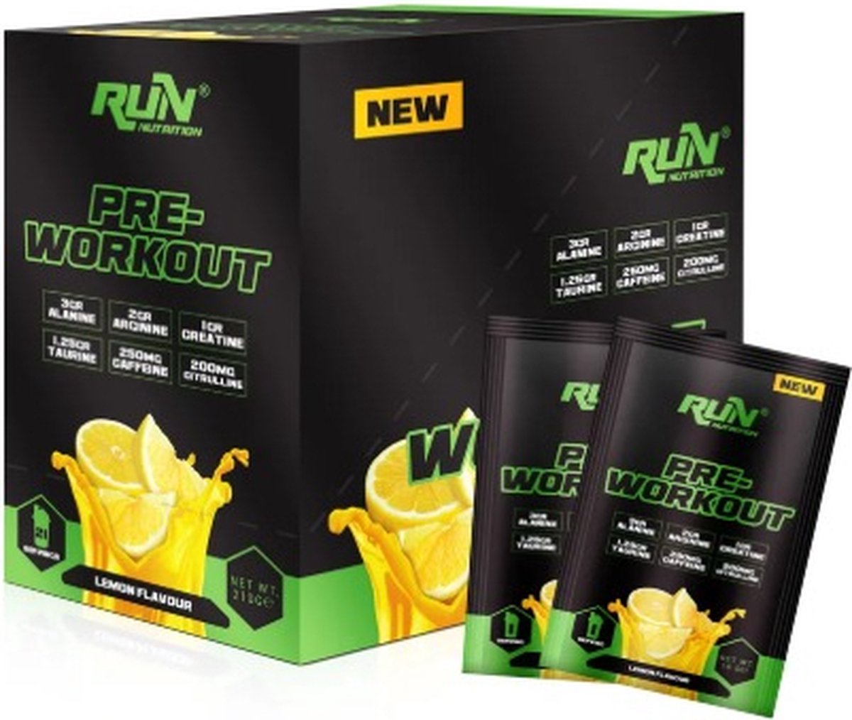 Run Nutrition - Pre-Workout 21 sachets 210 (gr.) | Citroensmaak |Wegwerpverpakkingen | Gearomatiseerd en heerlijk | Energieverhogende effect | Bereik je maximale prestaties | Trainingsprestaties naar de top |