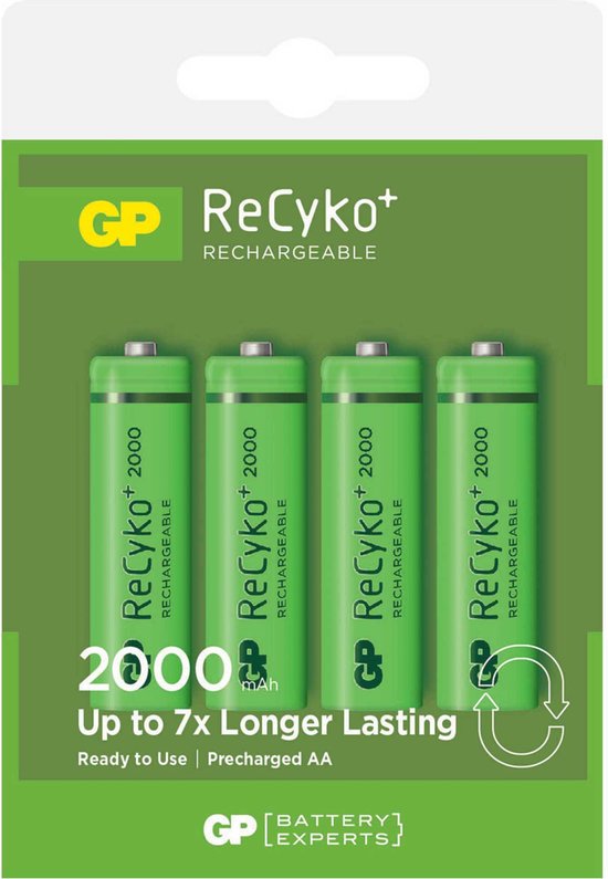 Verpakking met vier GP ReCyko+ 2000mAh oplaadbare AA batterijen.