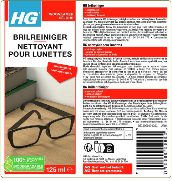 HG brillenreiniger 125ml spuitfles, met tekst en afbeelding van een zwarte bril.