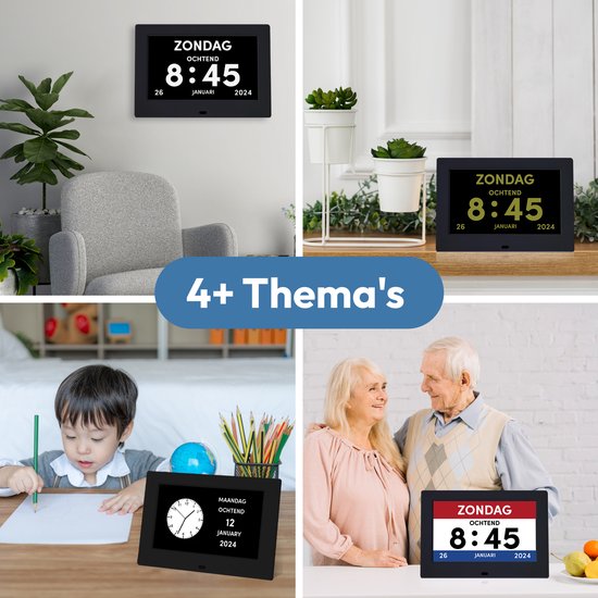 Een collage van vier Bollit digitale kalender dagklokken, getoond in verschillende omgevingen en thema's.