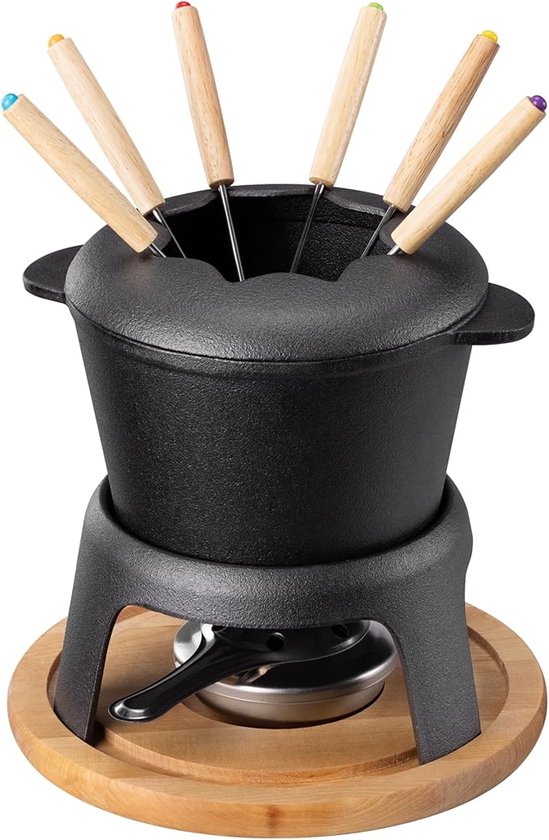 BBQ-Toro Gusseisen Fondue Set für 6 Personen | 2 Liter | Fondueset 9 teilig mit Brenner und Gabeln | Fondue-Set, Käsefondue Set, Fleischfondue Set, Schokofondue Set (Creme emailliert