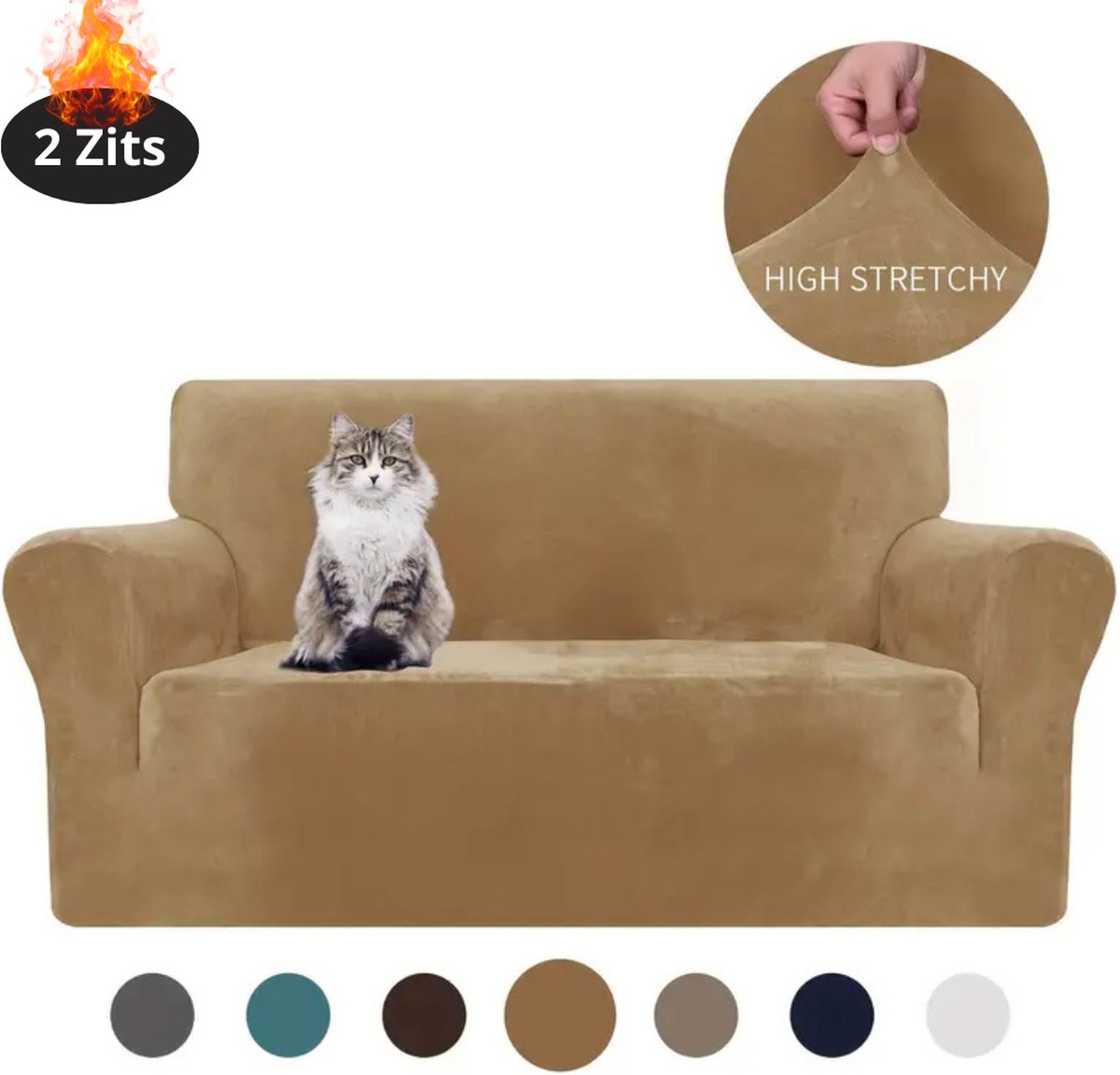 Bovista Bankhoes - Bankbeschermer - Stretch - Sofa Cover - Fluweel - Kameel - 2 Zits