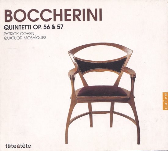 Boccherini Quintetti Op. 56 & 57. Patrick Cohen, Quatuor Mosaïques. Houten stoel met donkerrode zitting.