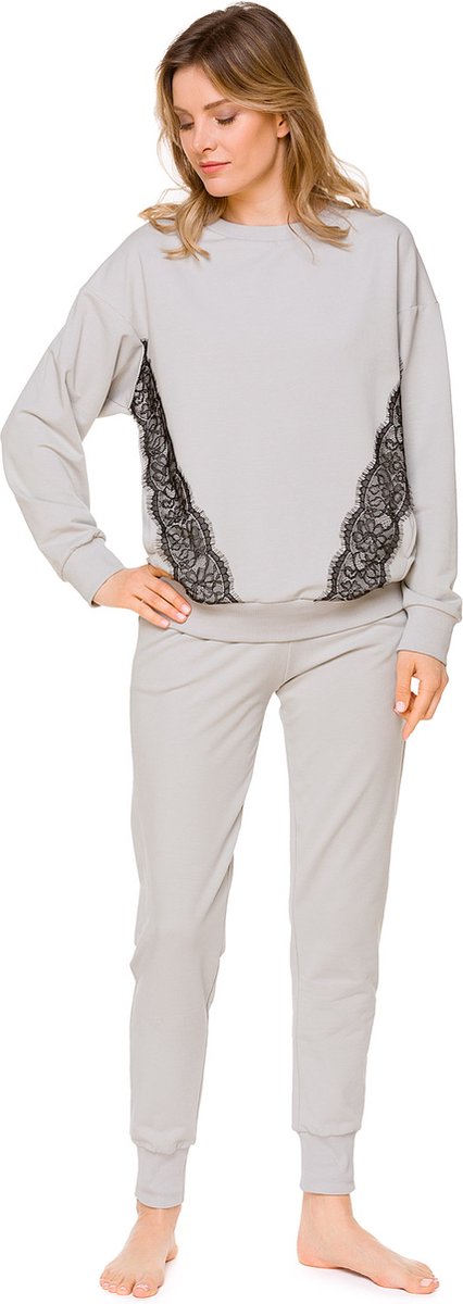 Dames Huispak Grijs-Sweater & Joggingbroek- Katoenmix-Kanten Details-Maat S