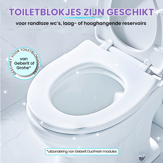 Een witte wc-pot met deksel omhoog. Een cirkelvormig label met tekst in het Nederlands over compatibiliteit.