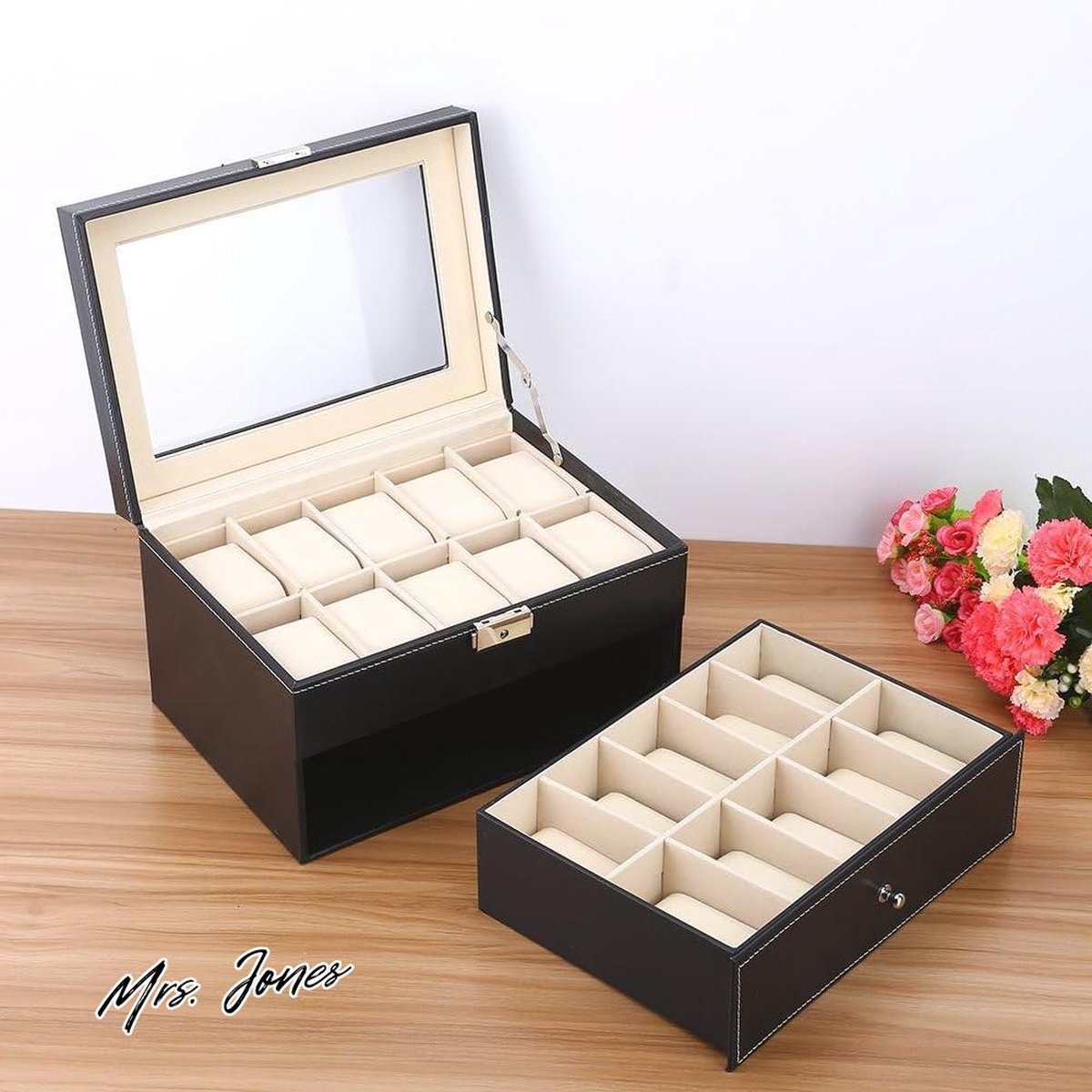 Mrs. Jones Horlogedoos 20 horloges displaystandaard - Opbergdoos met zachte kussens - Zwart PU-kast .