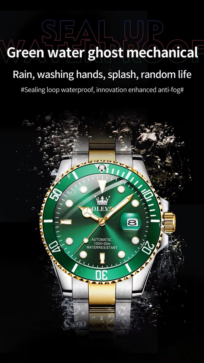 DRX OLEVS Heren Horloge Automaat Waterdicht Mechanisch Horloge Goud-Groen Night Glow Luxe Volautomatische Horloge