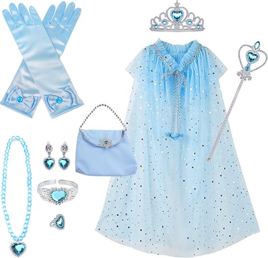 Loha‑party® Frozen Elsa verkleedset (11‑stuks) – jurk + cape + staf + sieraden+tas