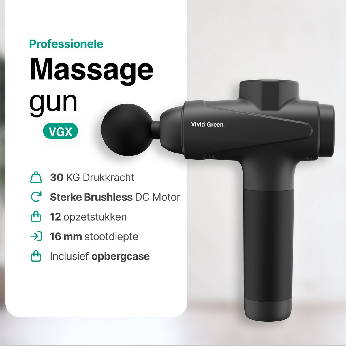 Afbeelding 2 van Pro Massage Gun 12 Accessoires - Apparaat - Sport en Relax Massage - Draadloos – Professioneel - 12 mm - 2500 mAh – Zwart - Vivid Green