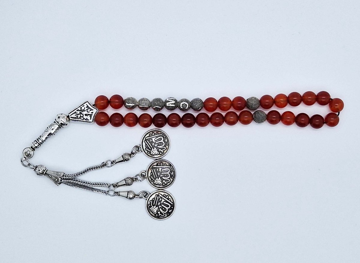 Handgemaakte naam tasbih 33 Kralen Natuursteen “ Rood Agaat” - met metaal tassel “Allah jala jalaluh"- Met je naam of de naam van uw geliefde- 8 mm diameter van de korrel