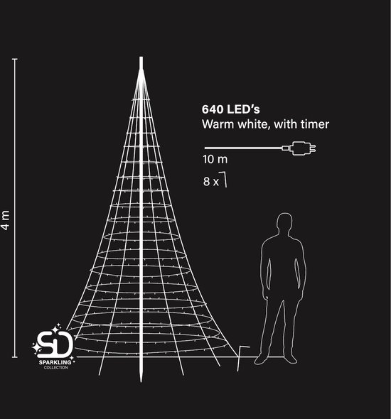 ThuisindeTuin.nl | Vlaggenmast Kerstverlichting | 400 cm Hoog | Incl. Demontabele Zwarte Mast | 640 LED lampjes | Kerstverlichting voor Buiten | Warm Wit Licht | incl. T|imer Functie | Vlaggenmast Verlichting 4 meter incl. Mast |