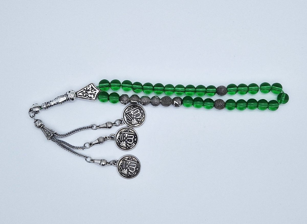 Handgemaakte naam tasbih 33 Kralen Natuursteen “ Groene kwartz” - met metaal tassel “Allah jala jalaluh"- Met je naam of de naam van uw geliefde- 8 mm diameter van de korrel
