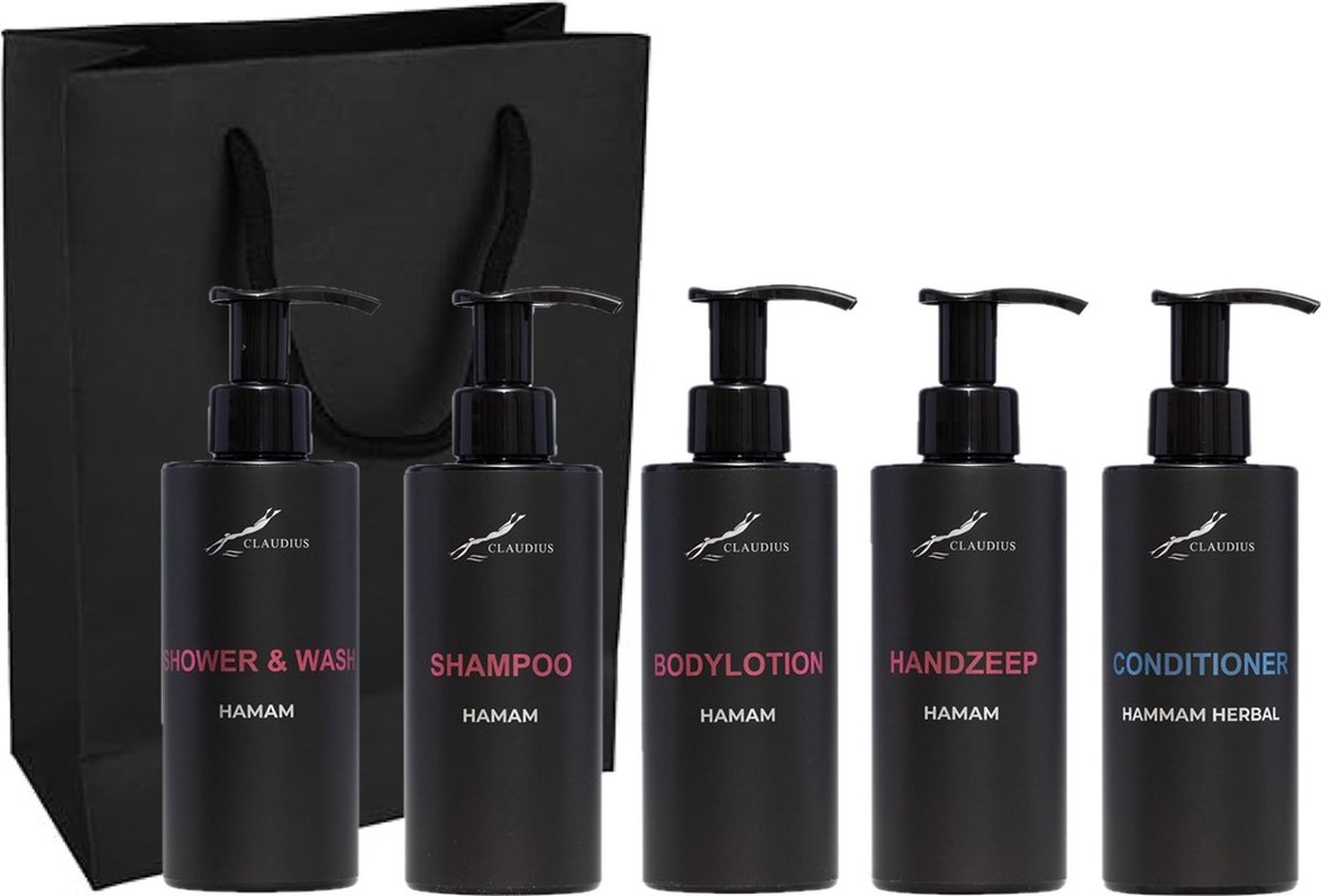Goedkoopste Compleet pakket Hamam - Shower & Wash Shampoo Bodylotion Handzeep Hammam Herbal conditioner - 300 ml per fles - complete set van 5 stuks - met luxe gift tas - kerst cadeau - giftset voor hem en haar