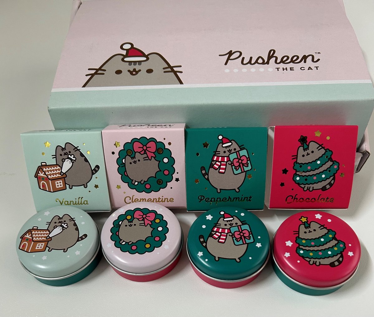 Goedkoopste 4 x Kerst Lippenbalsems in tinnen doosje - 4 x Baumes à lèvres Noel - Lip Gloss Xmas- Chocolat -Clementine-Peppermint & Vanilla