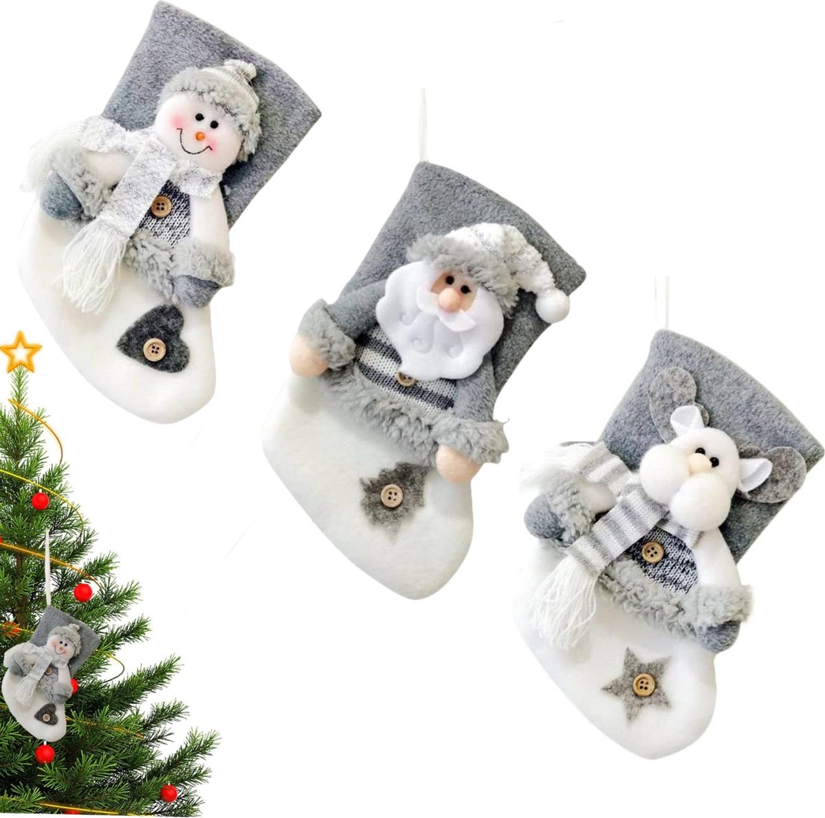 3 stuks - 20 cm Kerstsokken - Sneeuwman, Hert, Kerstman - 3D Pluche Kerstsokken - Kerstversiering - voor Kerstboom, Open haard Decoratie - Witte en Zilveren