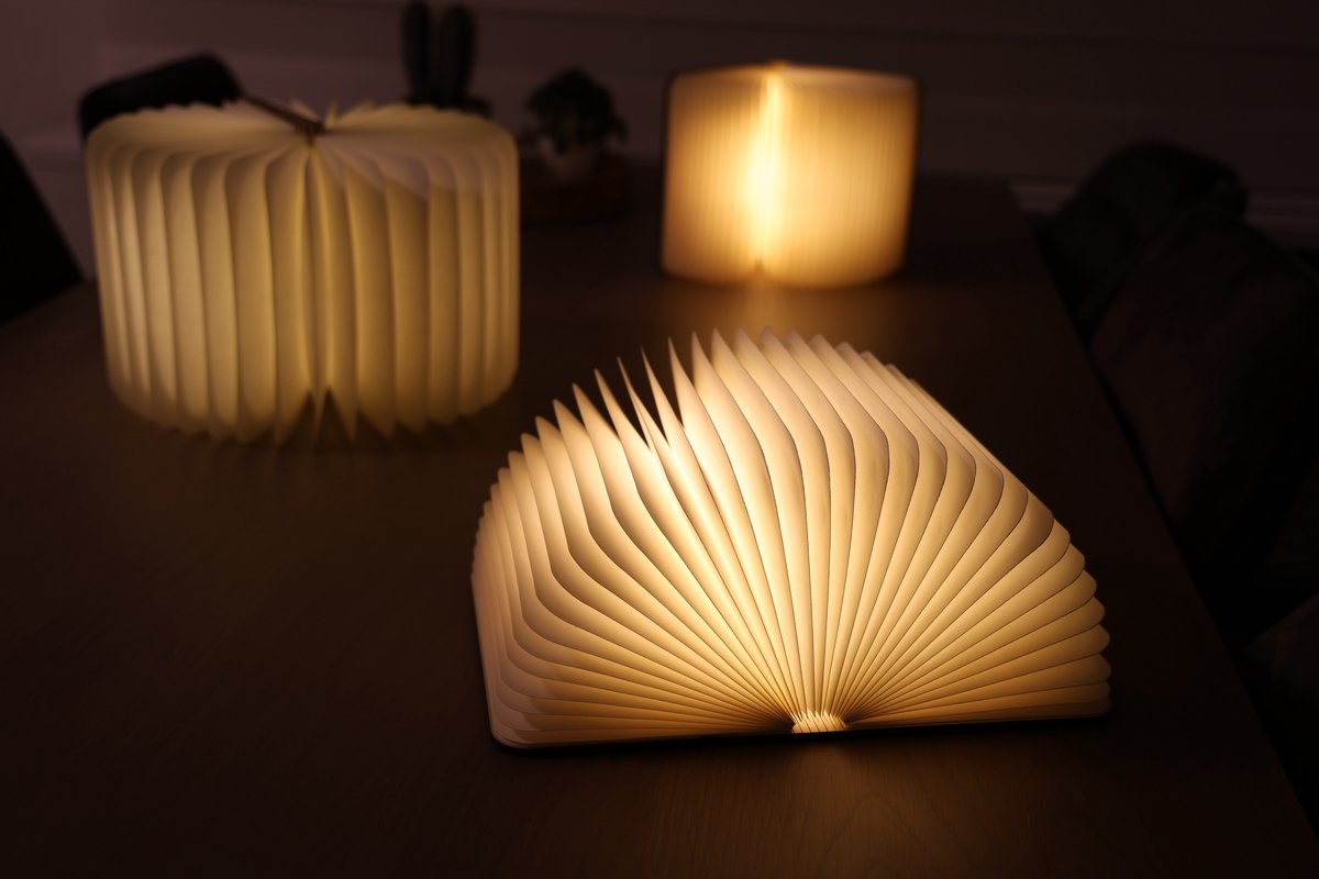 Boeklamp Hout - Met 5 lichtkleuren en Dimfunctie - USB oplaadbaar- Boek Lamp wit hout 21.5x17 cm