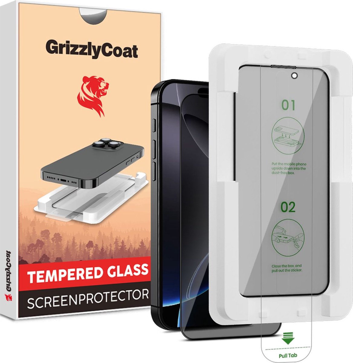GrizzlyCoat Screenprotector geschikt voor Apple iPhone 16 Pro Max Glazen | GrizzlyCoat AlignPro AntiSpy Screenprotector Privacy - Case Friendly + Installatie Frame