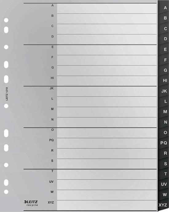 Onglets gris avec lettres noires A-Z et lignes. Avec trous de perforation sur le côté. Leitz recycle.
