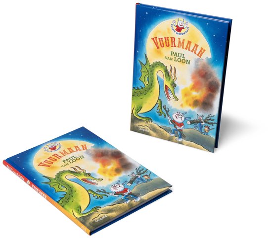 Twee gesloten boeken op een witte achtergrond. De voorkant toont een groene draak, weerwolfjes en een volle maan.
