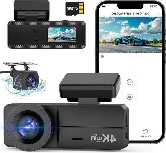AQV Car Dashcam Rear 4K WiFi with 64GB SD Card Loop Recording, G-Sensor, App Control, Super Night Vision, 170° 140° Wide Angle, Parking Monitoring, Safer