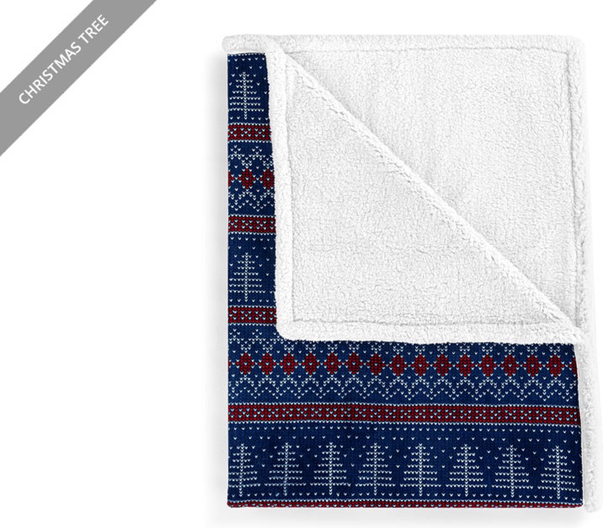 Hom&Com Kerst Plaid - Fleece en Sherpa - Christmas Tree Blue-Red - Groot 130x170 cm