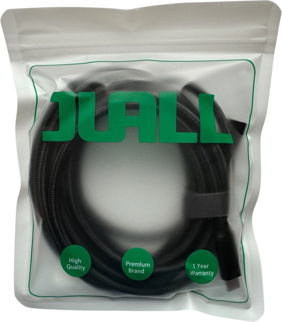 Câble USB-C tressé noir dans un emballage JUALL avec logo et "High Quality".
