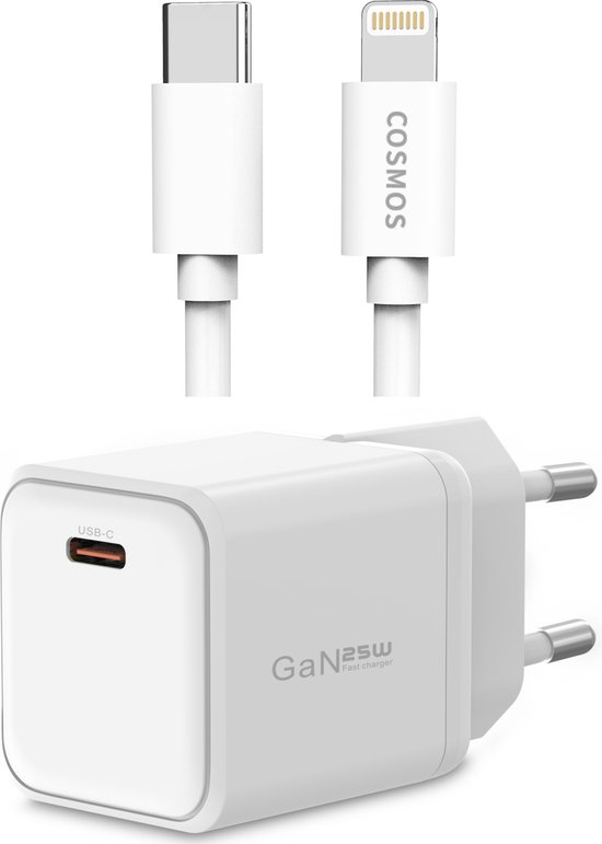 COSMOS® Origineel 25W oplader USB C - Snellader oplader met Lightning kabel - Geschikt voor Apple iPhone oplader en iPad - Power Adapter ook 20W snellader met Oplaadkabel - Nieuwste GaN Technologie