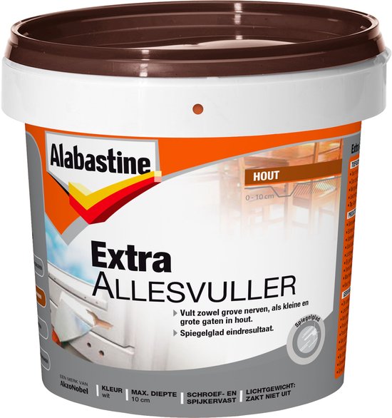 Alabastine Extra Allesvuller hout, pot wit met oranje en bruin deksel. Vult grove en kleine gaten in hout.