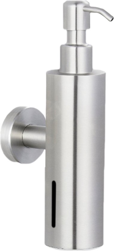 Zilverkleurige RVS zeepdispenser voor wandmontage, op een witte achtergrond.