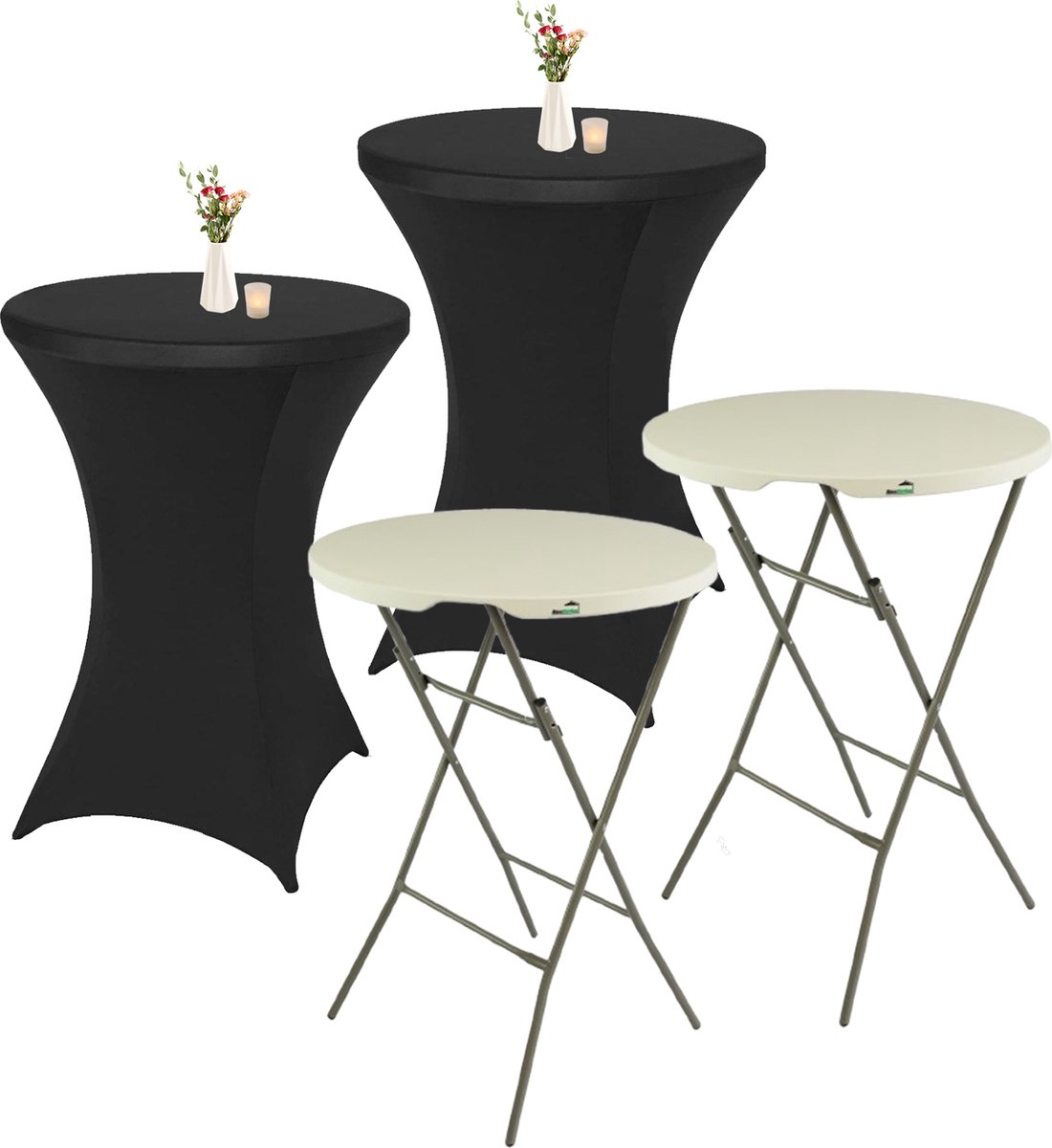 MaxxGarden Statafel - 2 stuks + cover - Cocktailtafel - Receptie Klaptafel - Receptietafel - Incl. 2x zwarte Statafelrok - ø80 x 115cm - Wit