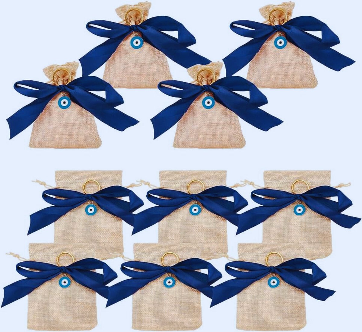 10 Stuks Linnen Cadeautasjes Met Jute Trekkoord En Boze Oog Hanger – Sieradenzakjes Met Blauw Strik Voor Feesten - Kerstmis En Gastgeschenken – 14.5 x 10 Cm - Wit