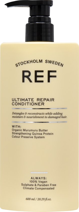 Beige fles met zwarte pompdispenser. Tekst: REF STOCKHOLM SWEDEN ULTIMATE REPAIR CONDITIONER, 600 ml / 20.29 fl.oz.