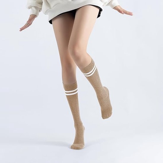 3 paar Khaki - Yogasokken met grip voor dames, antislip gekleurde, gevoerde kniehoge sokken tot over de kuit voor barre balletdans - yogasokken tot halverwege de kuit van Merkloos — afbeelding 4