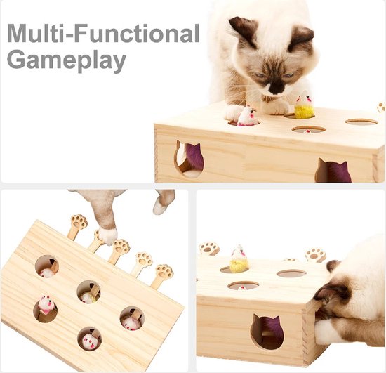 Ysoom Interactief kattenspeelgoed, hout, speelgoed, mollen/muis, puzzeldoos met schattig cartoonspeelgoed voor katten, jacht, spelen, trainen, krabben, 5 gaten